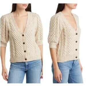 RAILS Isla Cardigan Sweater Short Puff Sleeve Cream Confetti Medium Wool Blend